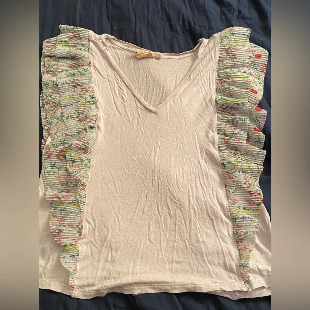 Anthropologie Vanessa Virginia Metallic Floral Flutter Trim VNeck Sleeveless Top - Picture 3 of 8